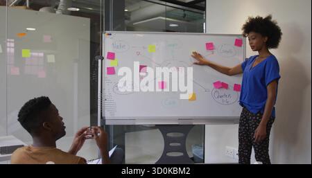 Eine Frau in Geschäftskleidung, die im Konferenzraum eine Geste zum Whiteboard zeigt, im Kopierraum Stockfoto