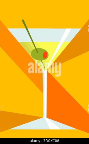 Ein Martini ist auf eine Orange und Rot patchwork Hintergrund mit Grunge gesehen. Und natürlich eine Olive im Glas. Stock Vektor