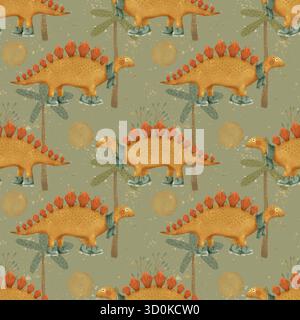 Verspieltes Stegosaurus-Muster für Kinderdekoration und -Bekleidung mit bunten Dinosauriern und Laub. Handgezeichnetes nahtloses Kindermuster, perfekt zum Bedrucken von Textilien und Geschenkpapier. Stockfoto