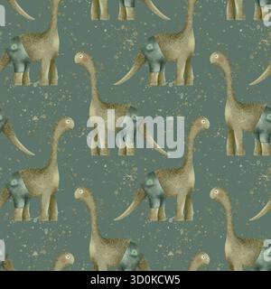 Ein skurriles und verspieltes Dinosauriermuster, das sich besonders für Kinderprodukte und fröhliche Designs eignet. Handgezeichnetes nahtloses Kindermuster, perfekt zum Bedrucken von Textilien und Geschenkpapier. Stockfoto