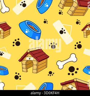 Niedliches Hundezubehör und Paw Prints nahtlose Muster Vektor Illustration Cartoon Design Stock Vektor