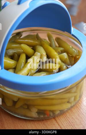 Grüne Chilischoten in einem Glasgefäß mit blauem Deckel Stockfoto
