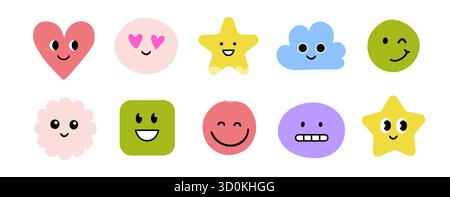 Face Smile Emoji Doodle Icon Aufkleber Set. Süßes Kind Doodle Hand gezeichnet Stil lustiges Gesicht Emoji Lächeln, glücklicher, trauriger Aufkleber. Lustige Comic Emoticon Herz, Stern, Blumenform. Vektorabbildung Stock Vektor