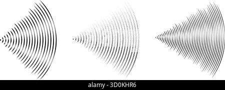 Gepunktete und lineare Schallwellen-Signaleinstellung. Radialradio und Audio-Symbole für Musik. Gekräuseltes Radar-Vibrationselement-Schildbündel. Schwarz gekrümmte Impulslinien. Echokardiographie-Symbole. Vektor Stock Vektor