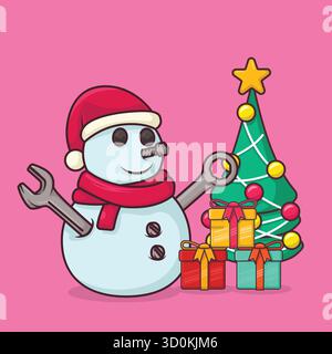 Cartoon-Schneemann mit Schlüsselhänden vor Weihnachtsgeschenken und weihnachtsbaum. Perfekte Urlaubsillustration für Mechaniker und Ingenieure. Stock Vektor