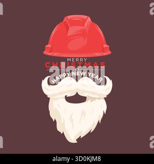 Abstrakter roter Schutzhelm mit Weihnachtsbart und Schnurrbart-Design mit der Aufschrift „Wir wünschen Ihnen frohe Weihnachten und ein frohes neues Jahr“. Perfekt für den Tiefbau h Stock Vektor