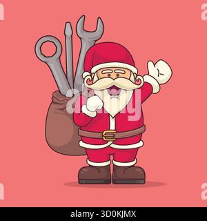 Moderner Cartoon Santa Claus winkt und trägt einen Sack voller Schraubenschlüssel und Schraubenzieher. Perfekter festlicher Vektor für Maschinenbauingenieure und Arbeiten Stock Vektor