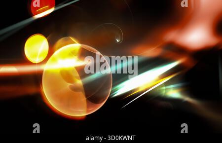 Hintergrund dunkler Linsenlichter. Abstraktes Bild. Nahaufnahme schönes Objektiv mit Kameraöffnung und mehrfarbiger Lichtglasreflexion. Prismatisch Stockfoto