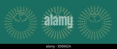 Moderne Linie dekorative Blumen Weihnachten, Neujahrskranz für Feiertage Karte, Banner, Einladung. Niedliches, einfaches Laub mit Glocke, Schleife. Stock Vektor