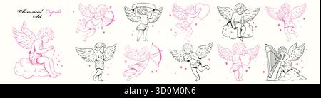 Skurriles Cupid-Set. Handgezeichnete Vintage-Cherub-Kollektion mit Herzen, Wolken, Bögen und Bannern im Koketten-Doodle-Stil Stock Vektor