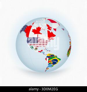 Lebendiger Globe Mit Den Amerikanischen Nationalflaggen. Ein markanter Globus mit Schwerpunkt auf Amerika, geschmückt mit bunten Nationalflaggen von Kanada, USA und Mexi Stock Vektor
