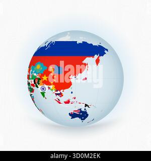 Lebendiger Globe mit Nationalflaggen Asiens und Ozeaniens. Ein farbenfroher Globus mit Schwerpunkt auf Asien und Nationalflaggen von China, Indien, Australien und Stock Vektor