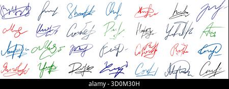 Handgeschriebene Unterschrift Scribbles. Fiktives Autogrammset zum Signieren von Dokumenten Stock Vektor
