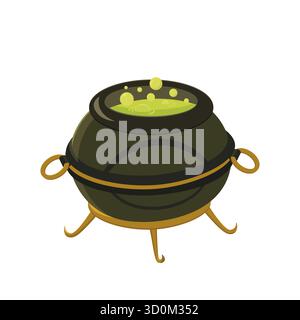 Hexe kochender Kessel mit grünem Trank. Zauberer Pot Halloween Konzept Vektor Illustration Stock Vektor