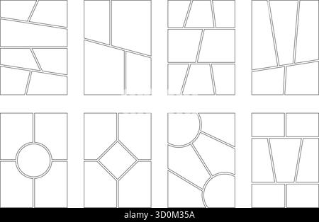Manga-Buchrahmen mit vertikalen Seiten auf weißem Hintergrund. Comic-Panels mit Gitter für japanisches Storyboard und Foto. Leere Modelle für Magazin. Stock Vektor