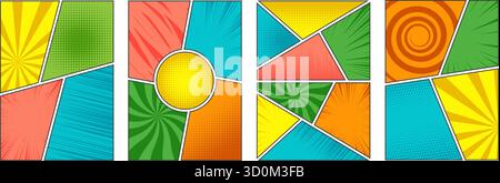 Comic-Hintergrund. Manga-Vorlagen und Layoutseiten mit Raster. Anime-Hintergründe mit Collage aus Rastereffekt und Geschwindigkeitslinien. Vektor Stock Vektor