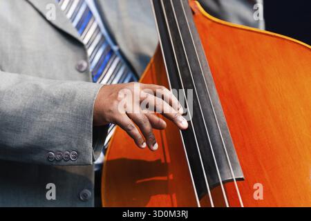 Nahaufnahme der Hand eines Mannes, der in einem Orchester einen Kontrabass spielt, ein großes hölzernes Saiteninstrument, das mit einer sehr niedrigen Tonhöhe gespielt wurde Stockfoto
