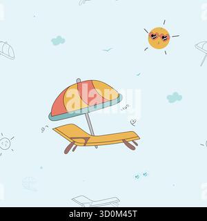 Liegestühle und Sonnenschirm nahtlose Muster im niedlichen minimalen Vektorstil, perfekt für Sommerurlaub, Reisen und tropische Urlaubsdesigns Stock Vektor