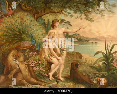 Biblische Szene, Bibel, Adam und Eva im Paradies, Illustration, Reproduktion eines Originals aus dem 19. Jahrhundert. Authentisch, Datei für optimale Verwendung wiederhergestellt, exaktes Datum des ursprünglichen unbekannten, historischen Ursprungs Stockfoto