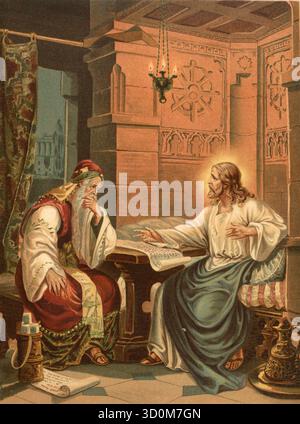 Bibelszene, Bibel, das Gespräch zwischen Christus und Nikodemus. Das Gespräch zwischen Jesus und Nikodemus im Johannesevangelium (Johannes 3) befasst sich mit der Notwendigkeit der Wiedergeburt aus Wasser und Geist, um in das Reich Gottes einzutreten. Illustration, Reproduktion eines Originals aus dem 19. Jahrhundert. Authentisch, Datei für optimale Verwendung wiederhergestellt. Das genaue Datum des Originals ist unbekannt. Historisch. Stockfoto