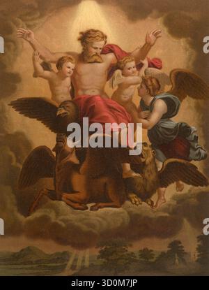 Biblische Szene, Bibel, Hesekiels Vision, einer der großen Propheten und der ihm zugeschriebene Text, oder besser gesagt das Buch mit demselben Namen im Tanach oder Alten Testament. Es entstand im 6. Jahrhundert v. Chr. während des babylonischen Exils und zeigt die Visionen und symbolischen Handlungen des Propheten. Illustration, Reproduktion eines Originals aus dem 19. Jahrhundert. Authentisch, Datei für optimale Verwendung restauriert, exaktes Datum des Originals unbekannt, historisch. Stockfoto