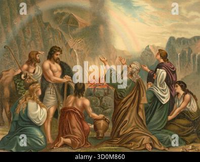Die biblische Szene, die Bibel, Noahs Opfer der Dankbarkeit, Noahs Opfer ist eine biblische Erzählung aus der Genesis, in der Noah ein Dankopfer für Gott nach der Flut darbringt. Illustration, Reproduktion eines Originals aus dem 19. Jahrhundert. Authentisch, Datei für optimale Verwendung wiederhergestellt, exaktes Datum des ursprünglichen unbekannten, historisch Stockfoto