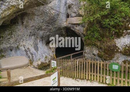 Holzzaun vor dem dunklen Eingang einer Höhle in felsiger Umgebung, Wimsener Hoehle, Hayingen, Deutschland Stockfoto