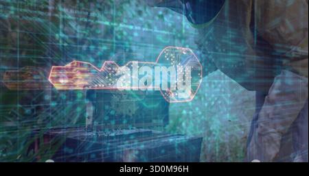 Hebedeckel männlich in brauner Jacke, Handschuhe zum Öffnen der Metallbox in bewaldeter Rodung, mit holographischem Schlüssel Stockfoto