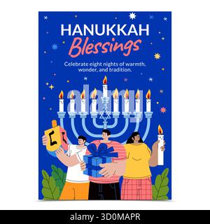 Hanukkah-Festplakat mit Menorah-Geschenken und Familie in handgezeichneter flacher Cartoon-Art Stock Vektor