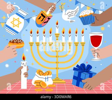 Hanukkah dekoratives Layout mit Menora und Händen, die Symbole in handgezeichneter flacher Zeichentrickserie halten Stock Vektor