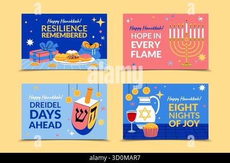 Horizontale Hanukkah-Grußkarten mit Dreidels-Menorahs und Geschenken im handgezeichneten flachen Cartoon-Stil Stock Vektor