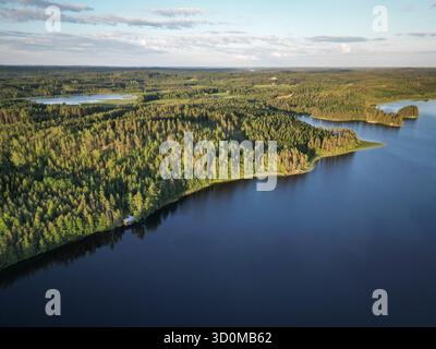 Atemberaubender Blick aus der Luft auf einen ruhigen See, umgeben von üppig grünen Wäldern. Stockfoto