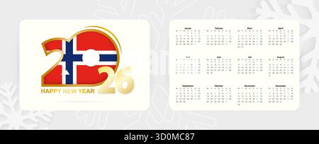 Horizontaler Taschenkalender 2026 in norwegischer Sprache. Silvester 2026 Ikone mit Flagge Norwegens. Vektorkalender. Stock Vektor