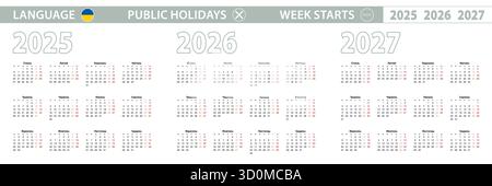 Einfache Kalendervorlage auf Ukrainisch für 2025, 2026, 2027 Jahre. Die Woche beginnt am Montag. Vektorabbildung. Stock Vektor