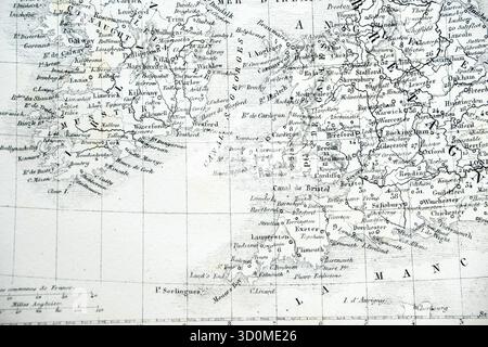 Antiker französischer atlas (19C) Detail des Ärmelkanals (Manche), Englands und Irlands. Stockfoto