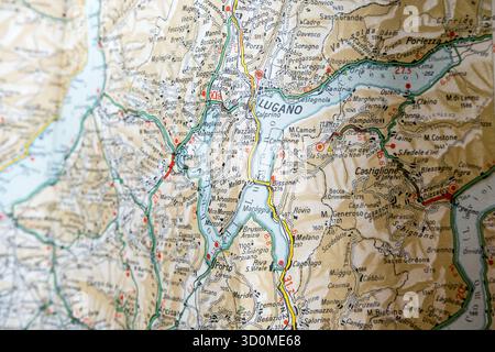 Vintage-Karte Detail des Lago di Lugano und der Umgebung im Tessin, Lombardia. Stockfoto