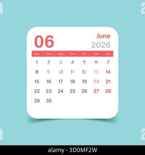 Kalender juni 2026 Symbol im flachen Stil. Planer-Vektorillustration auf isoliertem Hintergrund. Geschäftskonzept für Kalenderzeichen. Stock Vektor