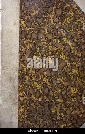 Eine extreme Nahaufnahme von gereiftem, nicht pareil marmoriertem Papier in warmen Gelb-, Gold- und Braun-/Schwarz-Tönen. Konzentrieren Sie sich auf die organische, detaillierte Textur. Stockfoto