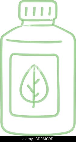 Hellgrüne umweltfreundliche Flasche mit einem Blattsymbol auf dem Etikett, gezeichnet in einem klaren Umriss-Vektorstil. Stock Vektor