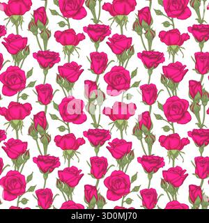 Wunderschönes nahtloses Vintage-Muster mit Rosen, Rosenknospen, Blättern und Stielen. Design-Grußkarte und Einladung der Hochzeit, Geburtstag Stock Vektor