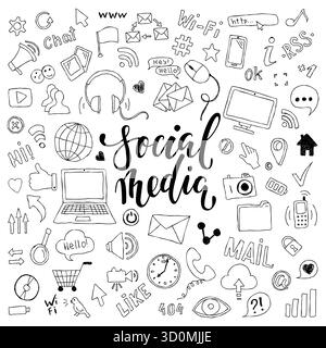 Großer Satz handgezeichneter Comicobjekte und Symbole mit Schriftzügen. Zum Thema soziale Medien Stock Vektor