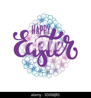 Happy Easter Hand gezeichnete Kalligraphie und Pinselstift-Schrift mit rosa Blumensilhouette Ei. Design für Weihnachtsgrußkarte, Einladung, Poster Stock Vektor