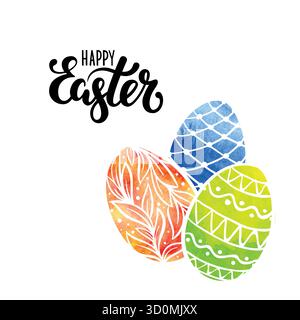 Happy Easter Hand gezeichnete Kalligraphie und Pinselstift-Schrift mit Aquarelleiern. Design für Weihnachtsgrußkarte, Einladung, Poster Stock Vektor