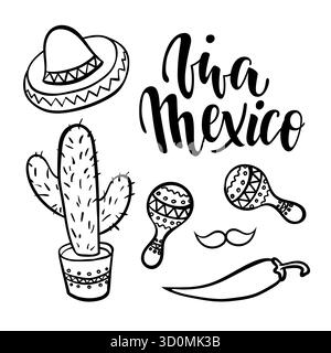 Viva Mexiko. Handgezeichneter Text mit mexikanischen Symbolen auf Hintergrund. Designelement für Poster, Ankündigung, Einladung Stock Vektor