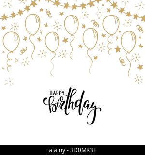Handgezeichneter goldener Ballon mit Doodle. Handgezeichnete Kalligraphie Happy Birthday-Schrift. Entwerfen Sie die Weihnachtsgrußkarte und die Einladung zur Hochzeit Stock Vektor