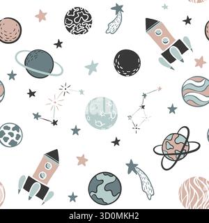 Kindliches nahtloses Muster handgezeichnete Weltraumelemente Raum, Rakete, Stern, Planet, Raumsonde. Trendige Kinder Vektor-Illustration zum Einpacken, Poster Stock Vektor
