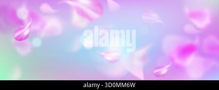 Frühlingssakura-Blüten mit weichem Bokeh-Effekt und traumhaftem rosafarbenem Hintergrund für saisonales Design. Verschwommene Kirschblütenelemente, die auf pastellblauem BG schweben. Romantische Grußkarte mit Blumenmuster. Stock Vektor