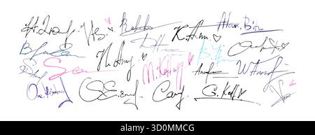 Sammlung von handgezeichneten, gefälschten Signaturmustern mit farbenfroher Tinte für das Design von Dokumenten. Blaue, rosa und schwarze Schriftzeichen und kursive Namen. Beispiele für dekorative Handwerkskunst für Business-Branding. Stock Vektor