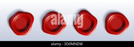 Rote Wachsdichtungen, isoliert auf transparentem Hintergrund. Vektor-realistische Illustration von 3D abstrakten runden Briefmarken für offiziellen Brief, altes Dokument, Genehmigungszeichen, Produktqualitätskontrollabzeichen Stock Vektor
