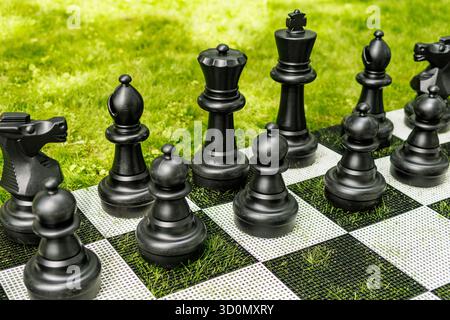 Große schwarze Schachfiguren, die auf einem Schachbrett im Freien auf grünem Gras angeordnet sind und bei Tageslicht erfasst werden. Stockfoto